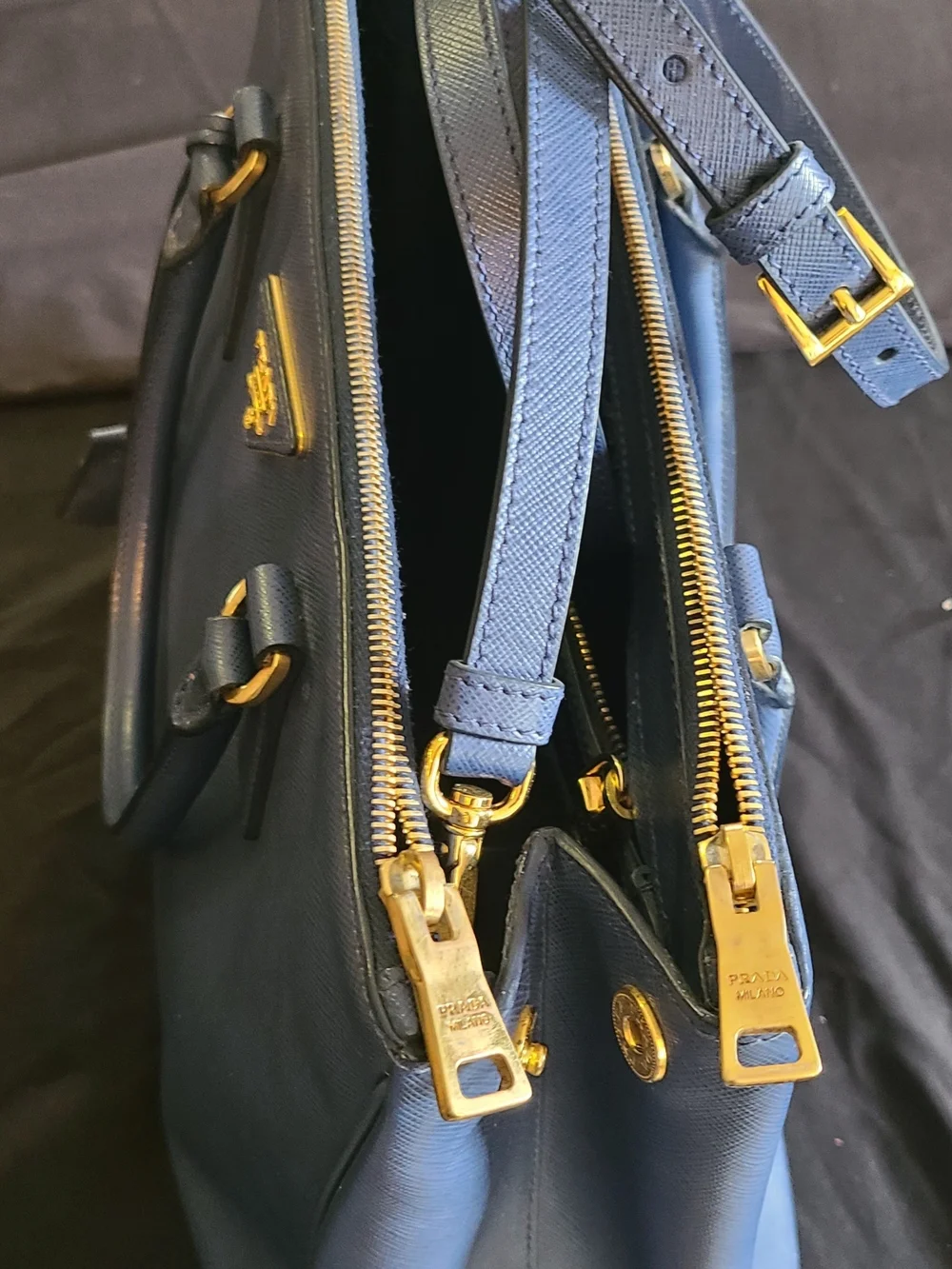 Prada Navy Saffiano Leather Satchel with Gold Hardware